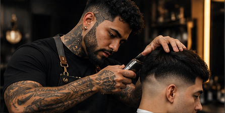 Tattooed barber cutting a clean fade haircut
