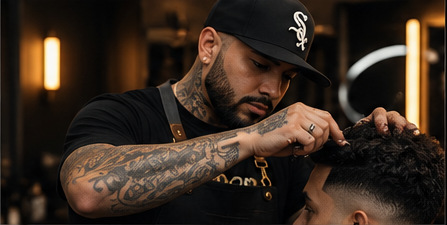 Tattooed barber working on a textured haircut