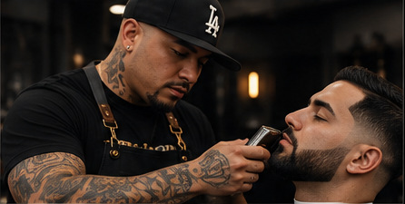 Tattooed barber shaping a sharp beard and fade