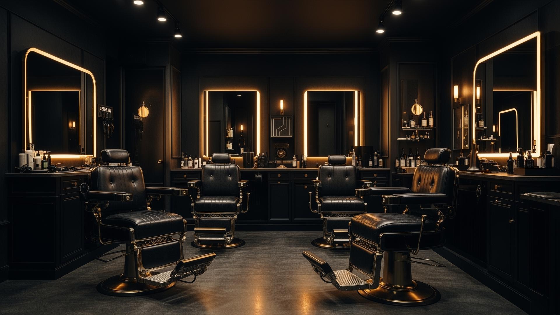 NOIR luxury barbershop interior with black barber chairs and warm illuminated mirrors